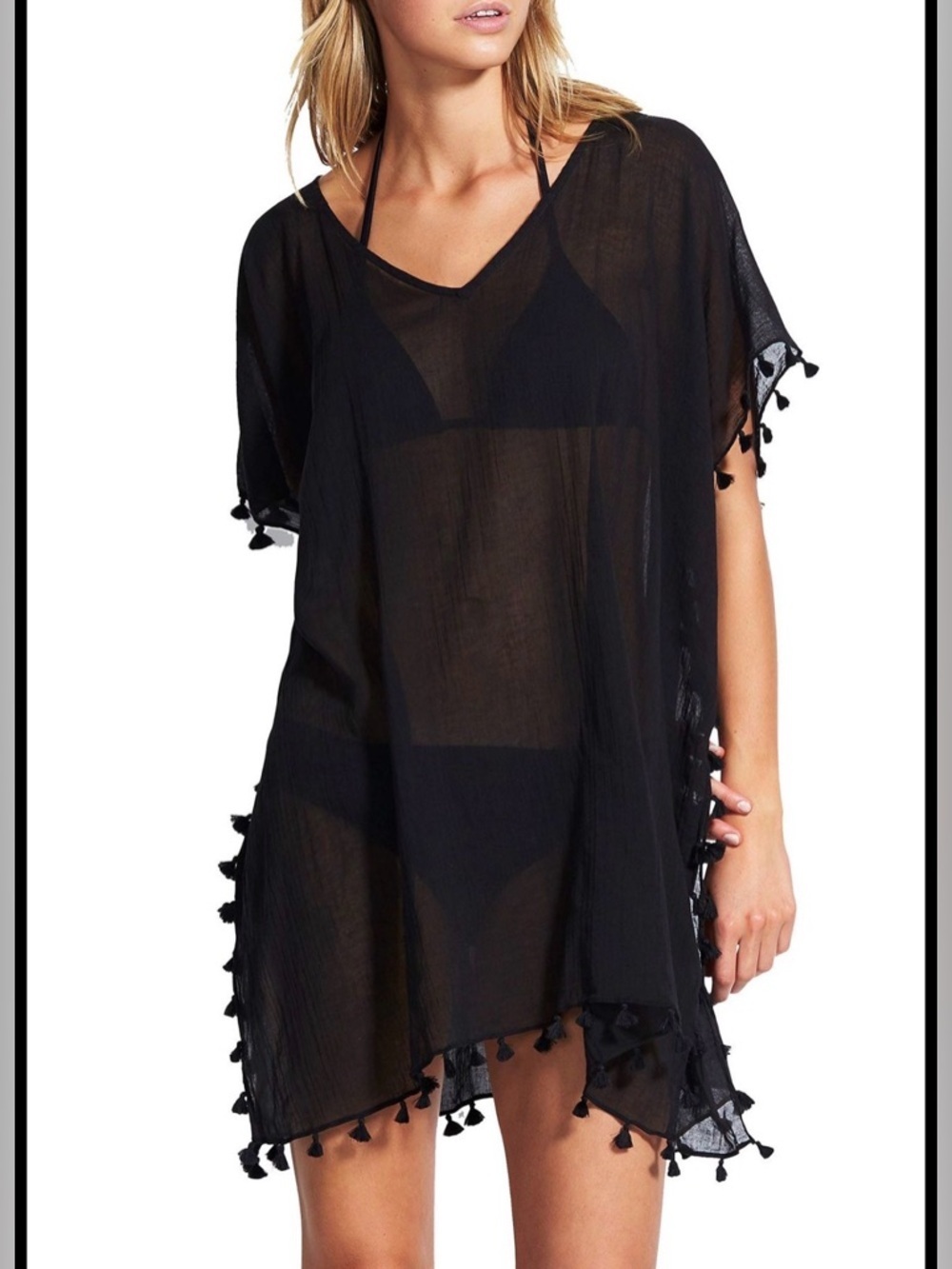 NWT Seafolly Black Amnesia Kaftan Sheer Tassel-Trim Swim Cover-Up